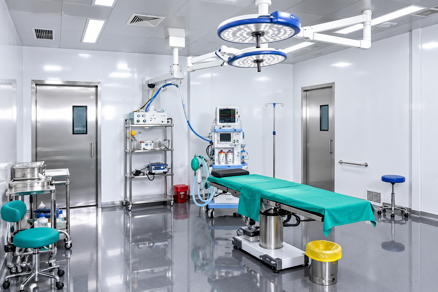 Bright modular operation theatre with surgical lights and operating table