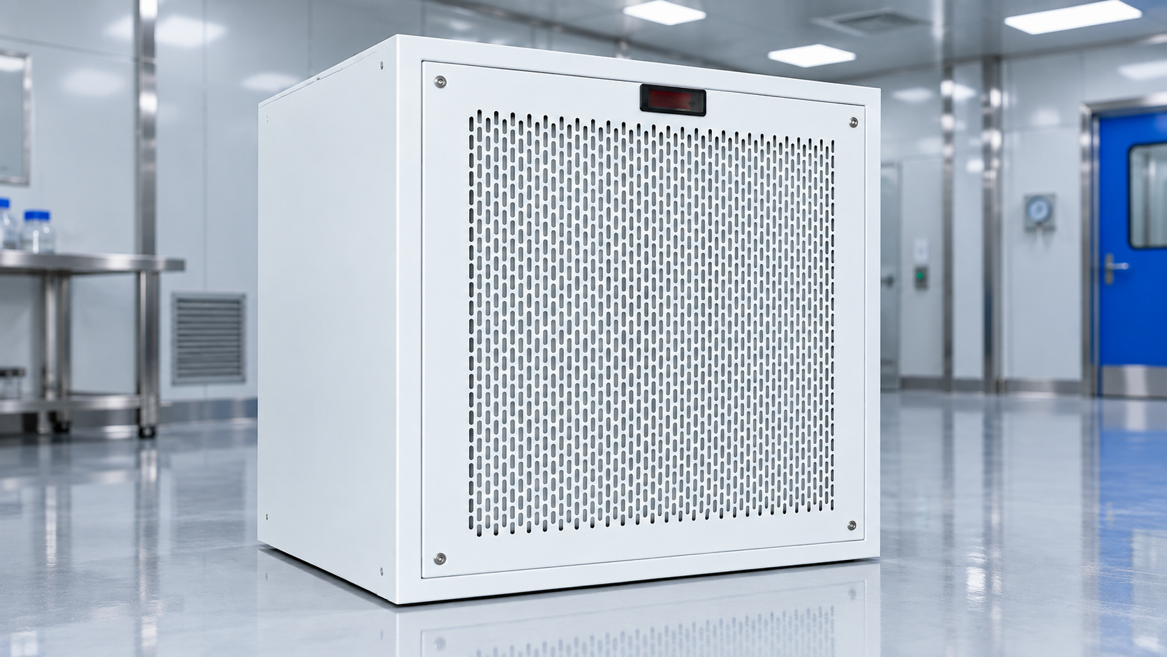 White HEPA pressure module unit inside a modern cleanroom